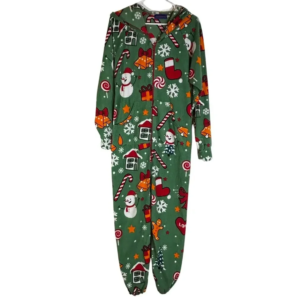 XMAS Coming Adult Size XS One Piece Pajamas Pockets Christmas Green - Picture 1 of 5